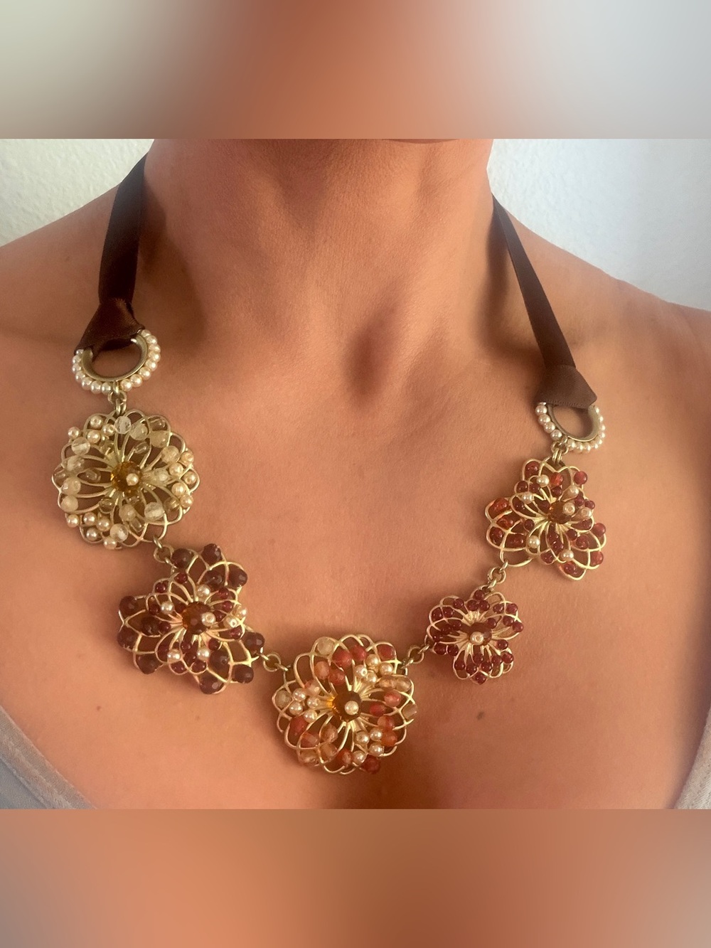 Coldwater Creek Gold Floral Statement Necklace with Brown Ribbon